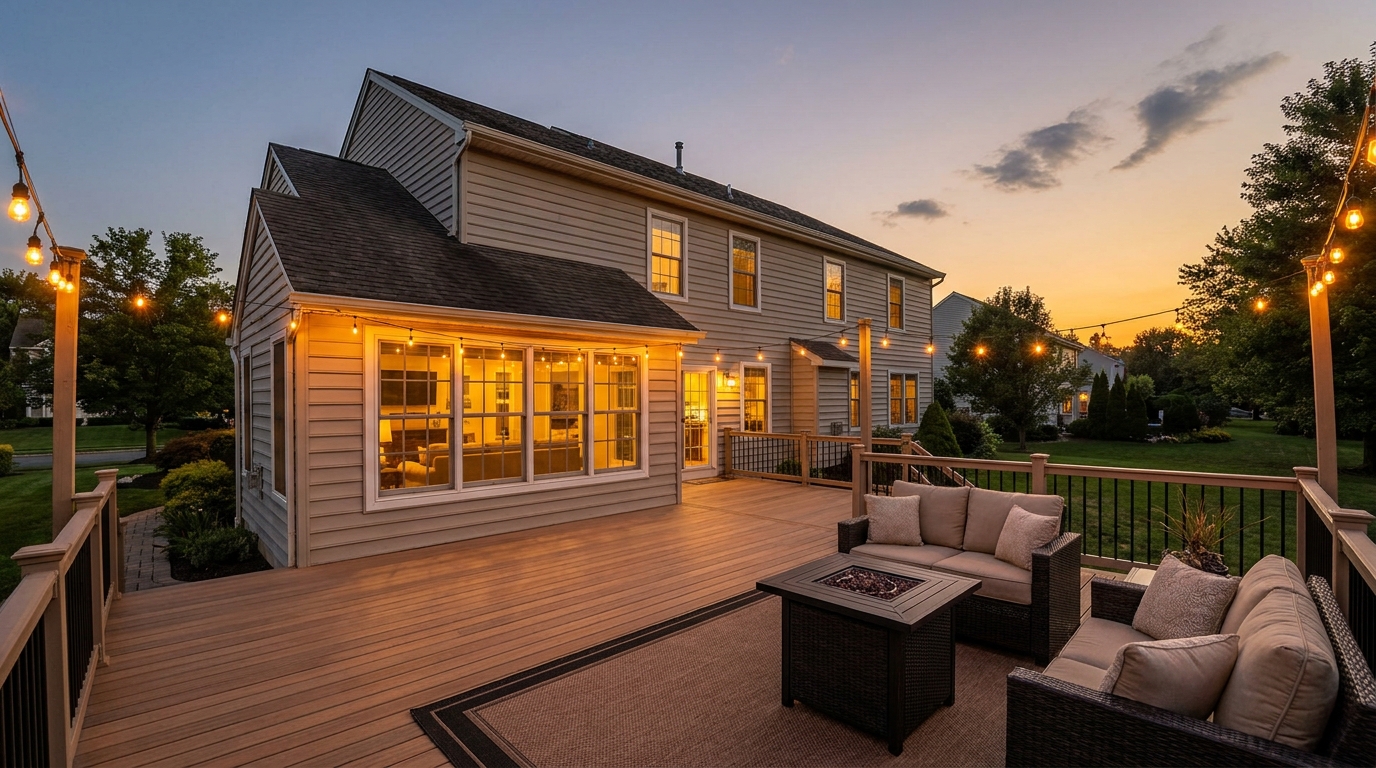Composite deck at dusk with low-voltage lighting, South Jersey
