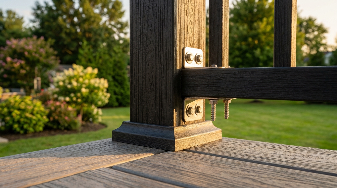 Composite deck railing detail showing hardware and material quality, South Jersey
