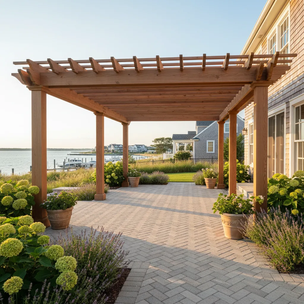 Custom cedar pergola over paver patio at a shore property in Avalon, Cape May County NJ