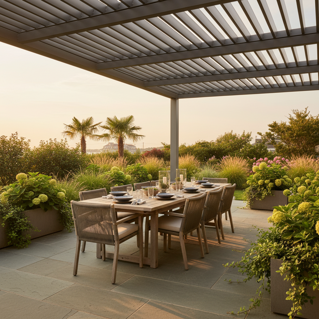Louvered roof pergola over outdoor dining patio in Cape May County NJ