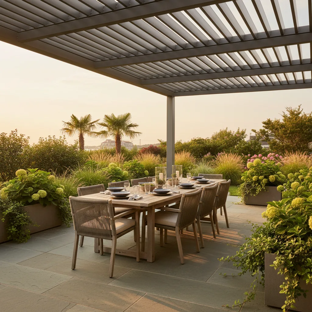 Louvered roof pergola over outdoor dining patio in Cape May County NJ