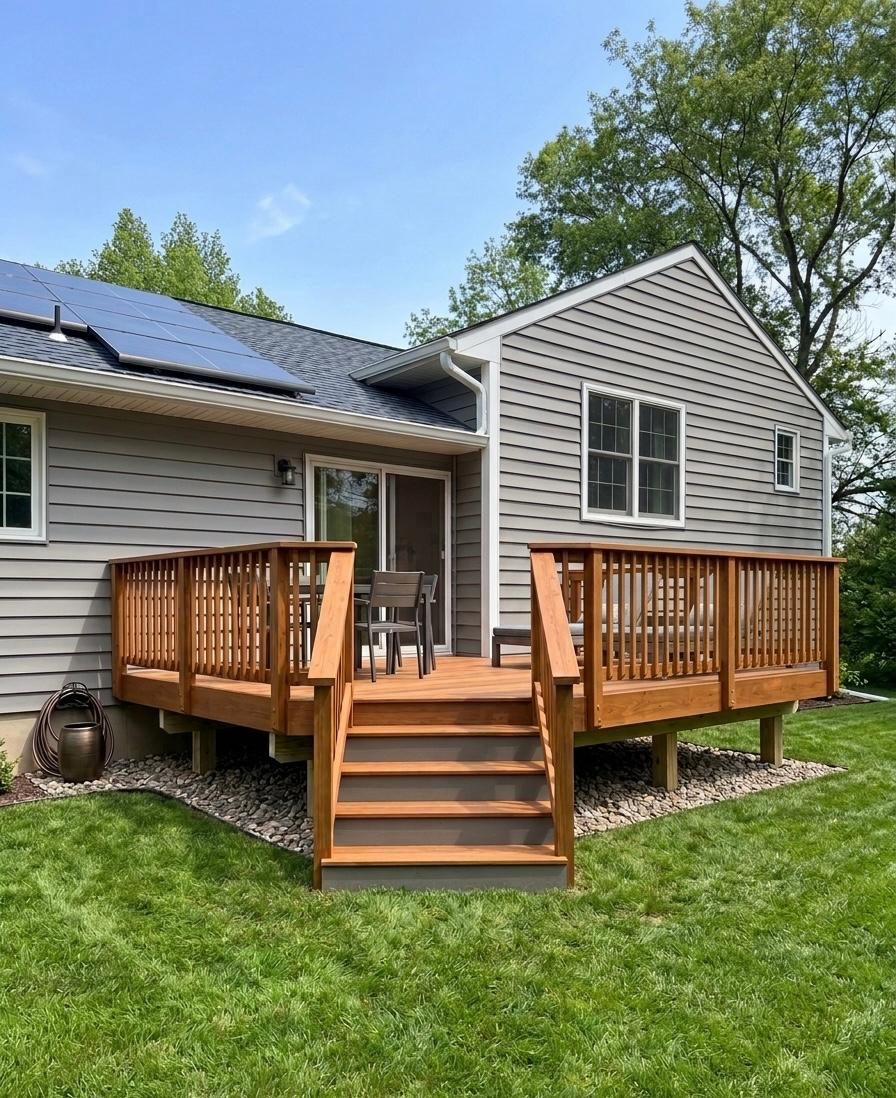 Custom backyard deck with wide stairs and wood railing on a South Jersey home