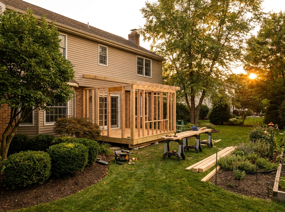 New screened porch construction in a South Jersey backyard