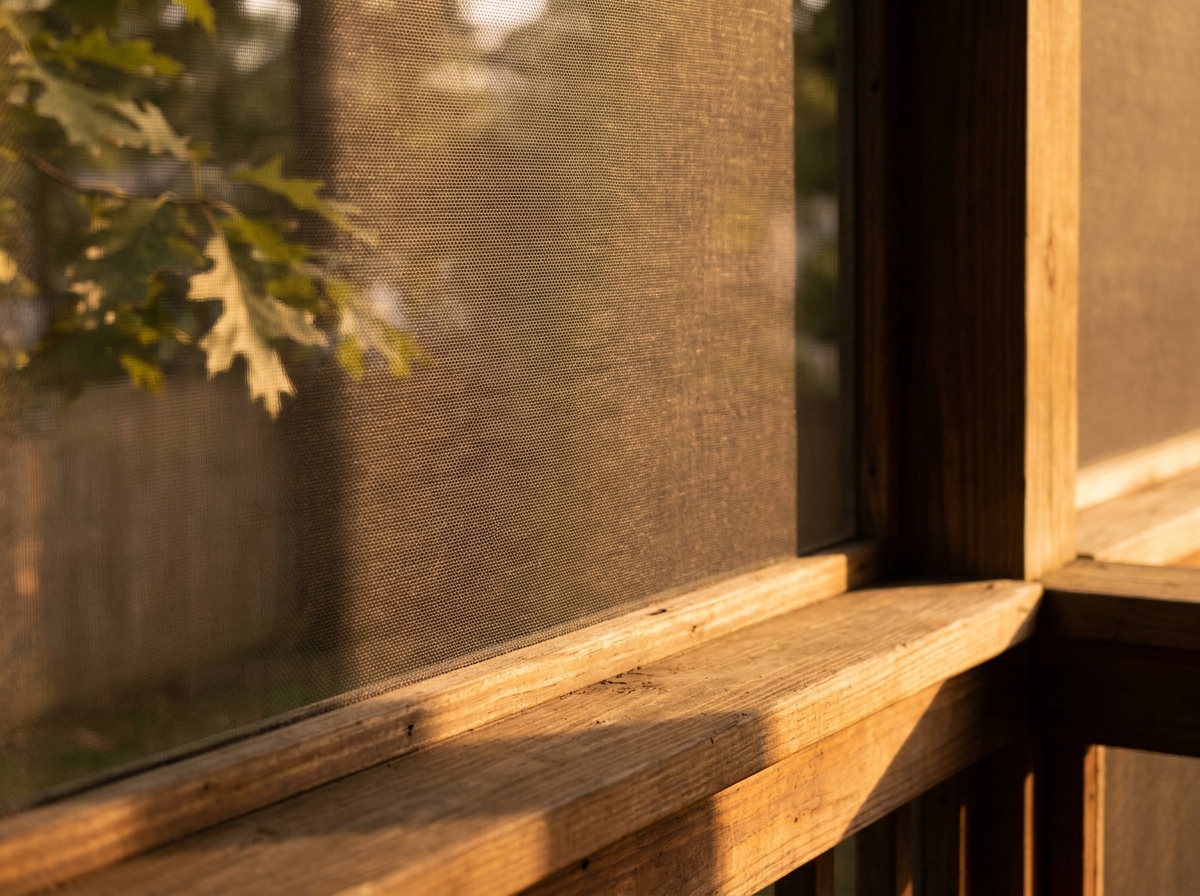 Fine-mesh screen panel on a South Jersey screened porch, summer afternoon light