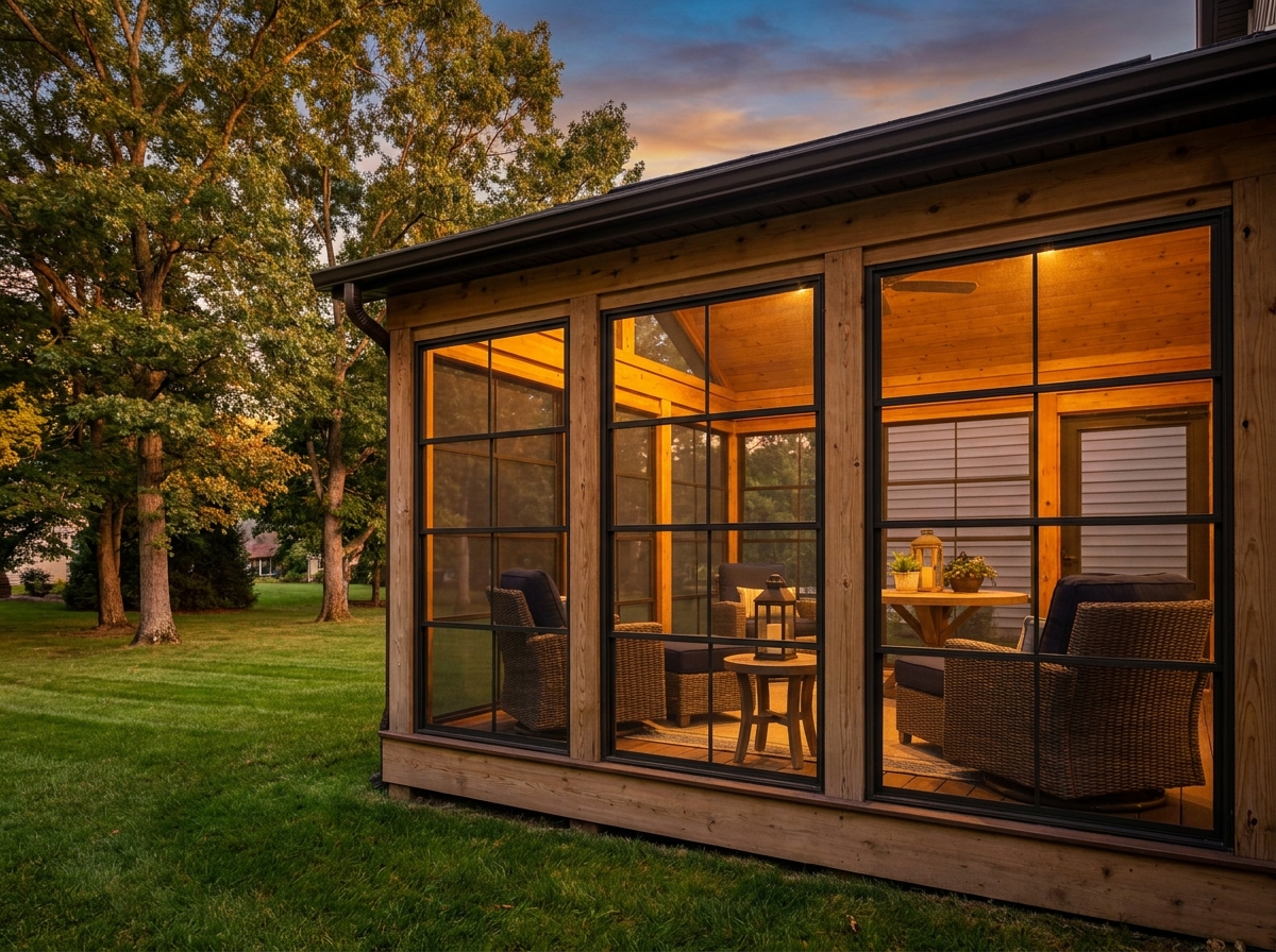 Screened porch glowing warm at dusk on a South Jersey home