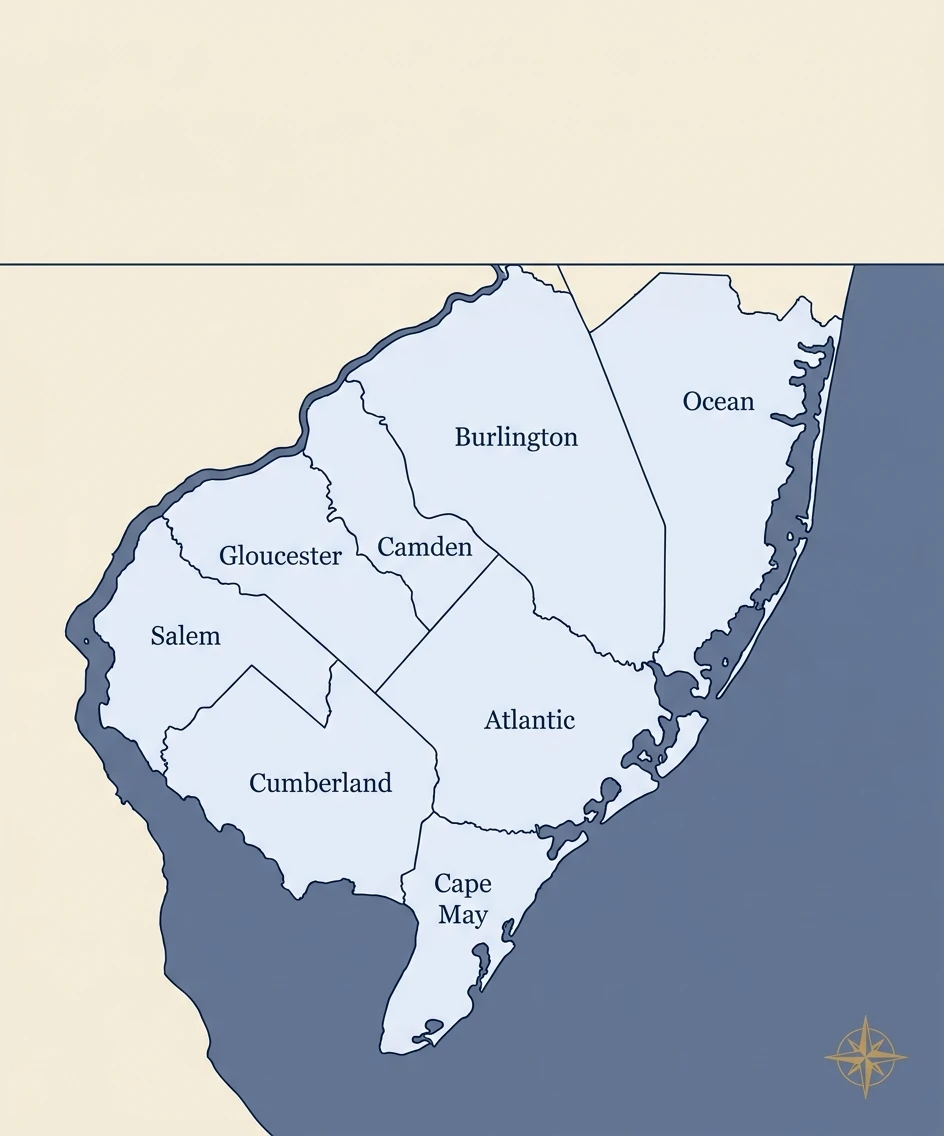 Map of the eight South Jersey counties served: Salem, Gloucester, Camden, Burlington, Cumberland, Atlantic, Cape May, and Ocean